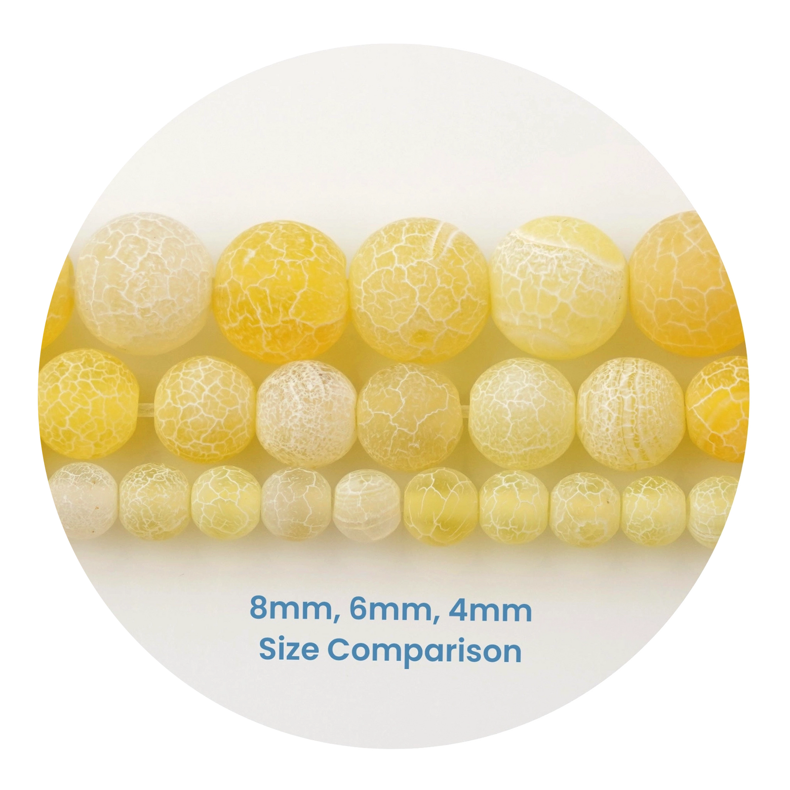 Yellow two-tone stone string beads size comparison, 8mm 6mm 4mm, Master Maker Crafts wholesale, fast shipping Ohio