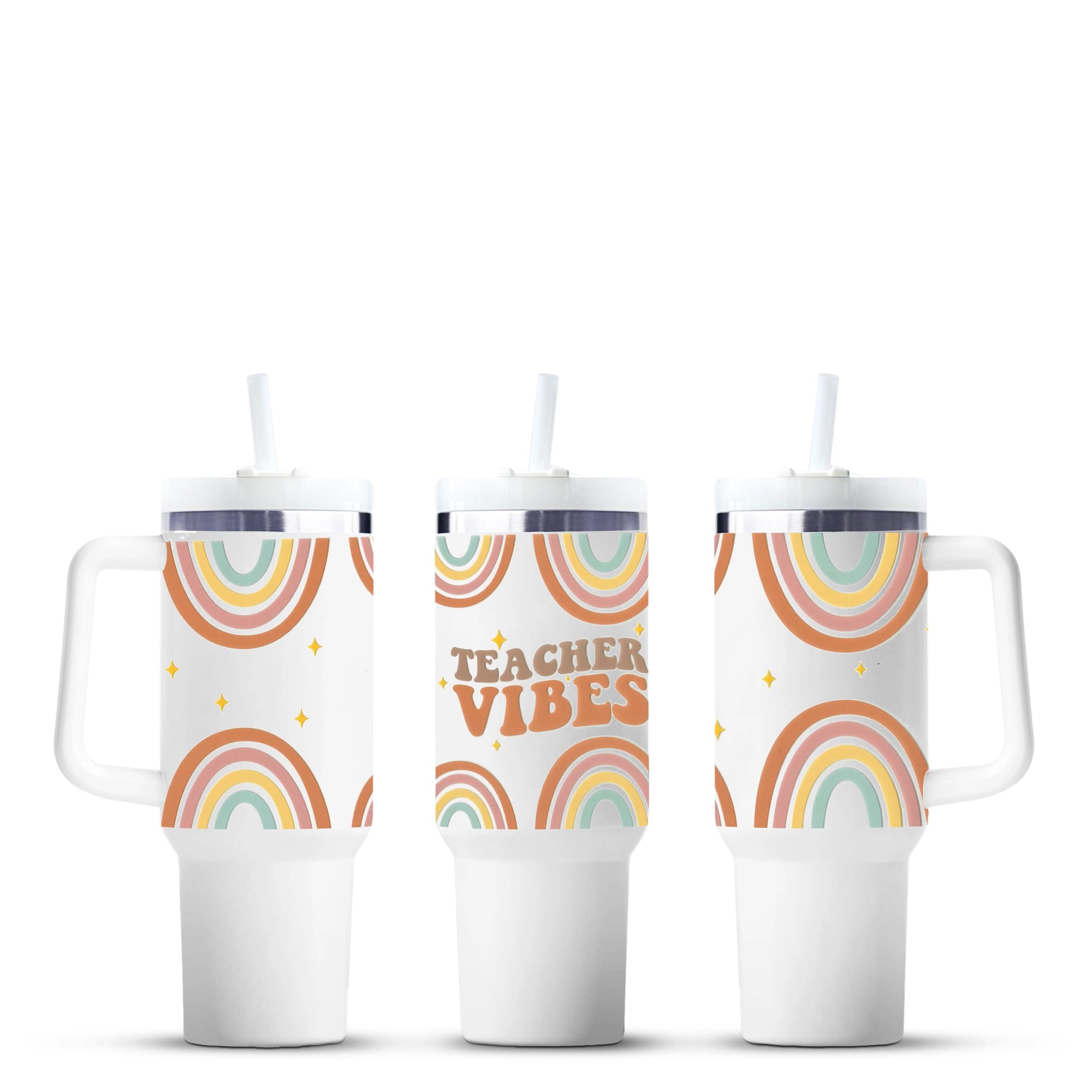 Teacher Vibes tumbler with rainbow design, Master Maker Crafts wholesale craft supplies, Ohio DIY Craft Warehouse