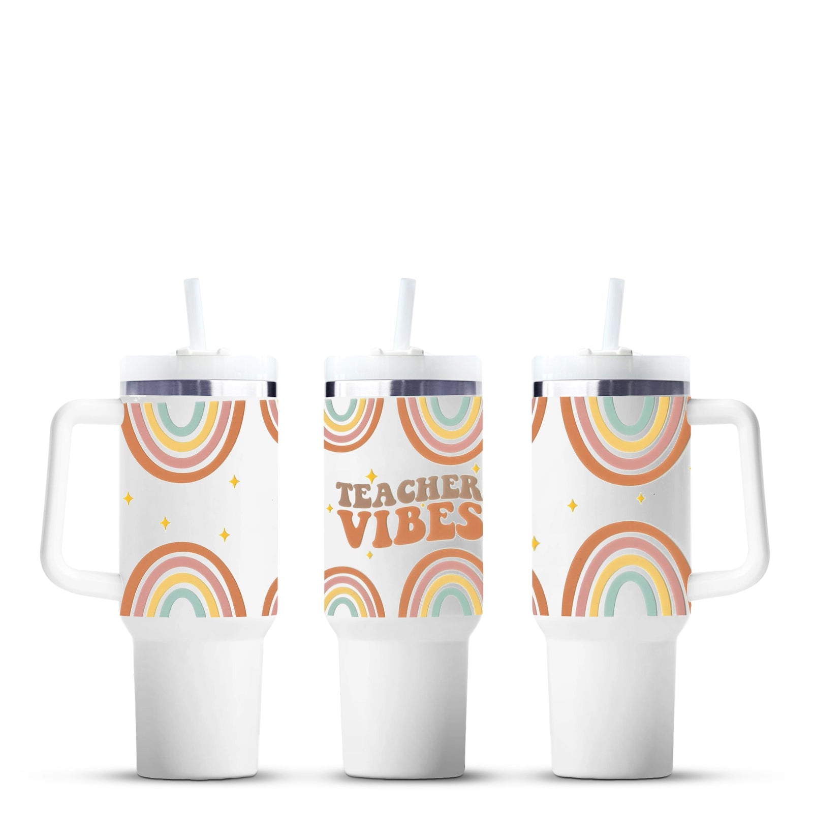 Teacher Vibes tumbler with rainbow design, Master Maker Crafts wholesale craft supplies, Ohio