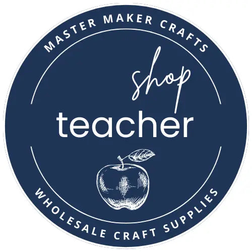 Logo for Master Maker Crafts Shop Teacher with an apple illustration on a blue background DIY Craft Warehouse