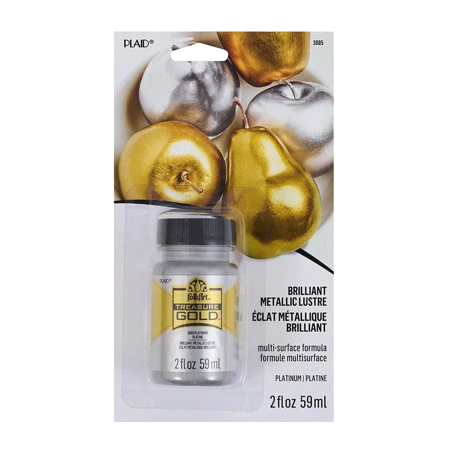 Plaid Treasure Gold platinum metallic paint 2oz, with gold and silver fruit décor. Master Maker Crafts wholesale craft supplies, fast shipping Ohio.