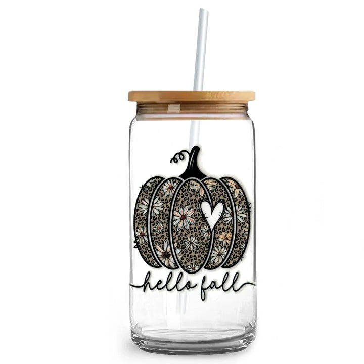 Glass tumbler with bamboo lid, fall pumpkin and flower decal, hello fall text, reusable straw.