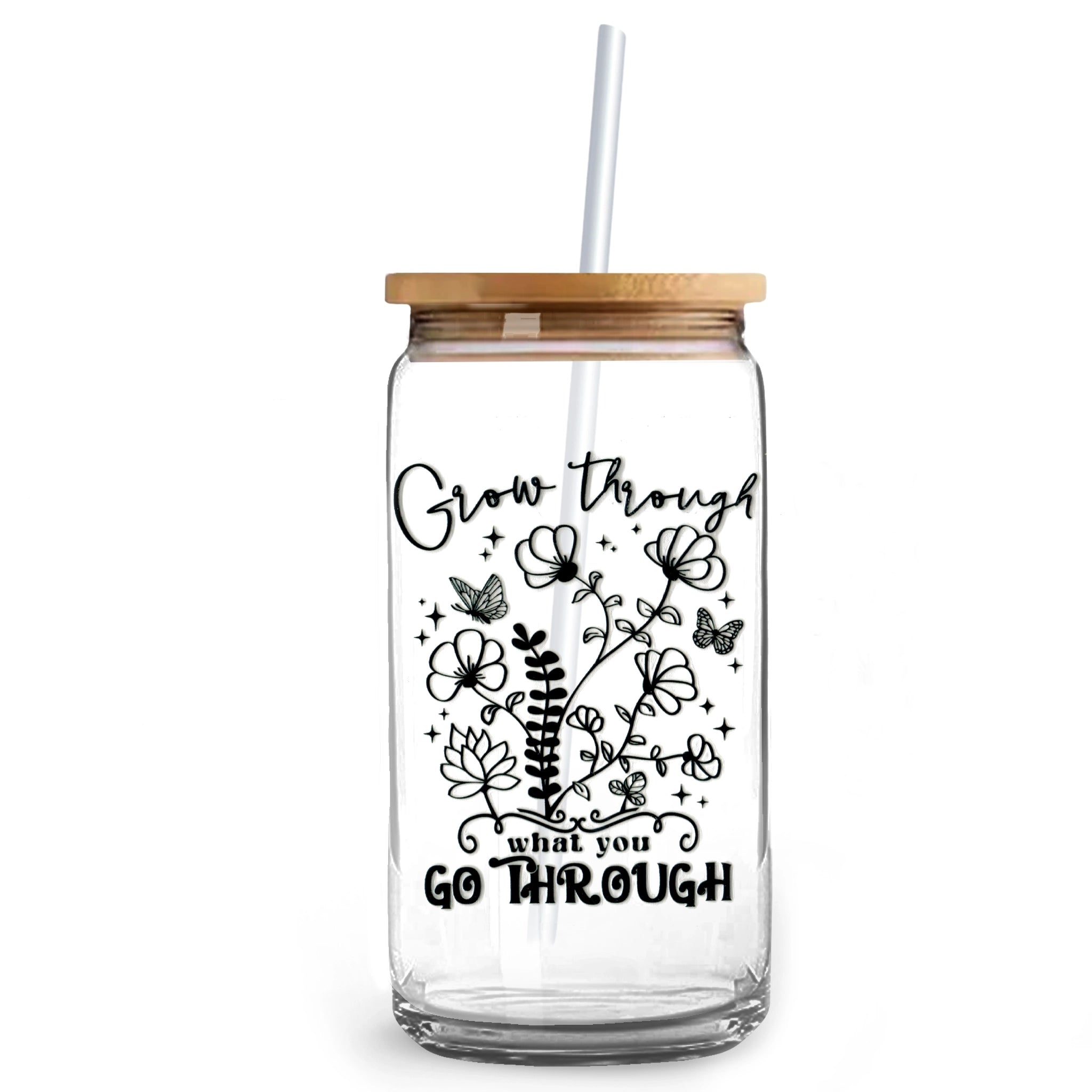 Floral UVDTF decal glass cup with 'Grow through what you go through' quote, Master Maker Crafts wholesale, fast shipping Ohio. DIY Craft Warehouse