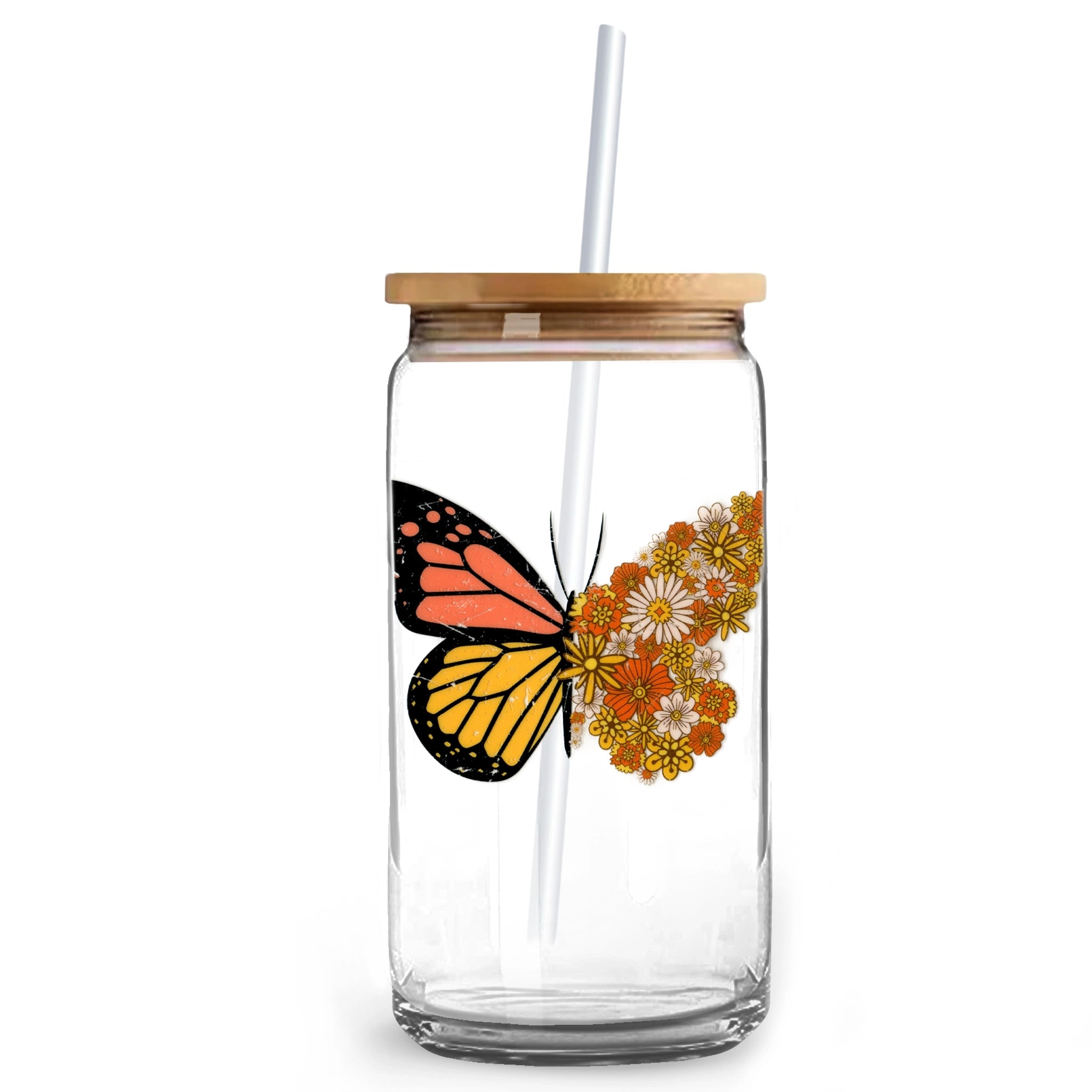 Butterfly and orange floral glass cup with bamboo lid and straw, Master Maker Crafts Ohio DIY Craft Warehouse