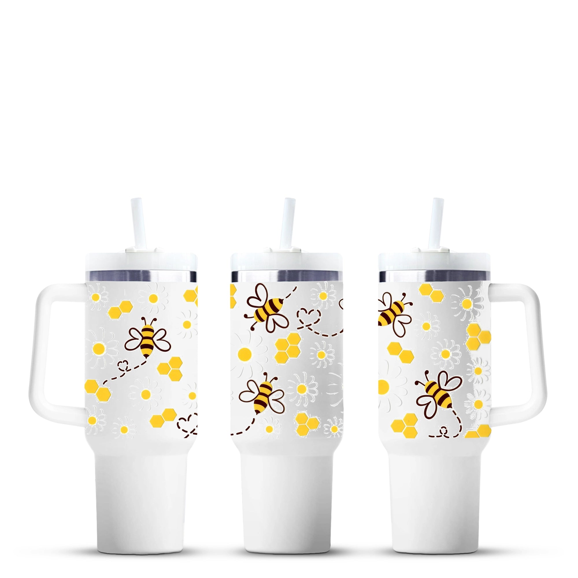 Bee and honeycomb print wrap on white handled tumblers, Master Maker Crafts, wholesale Ohio DIY Craft Warehouse