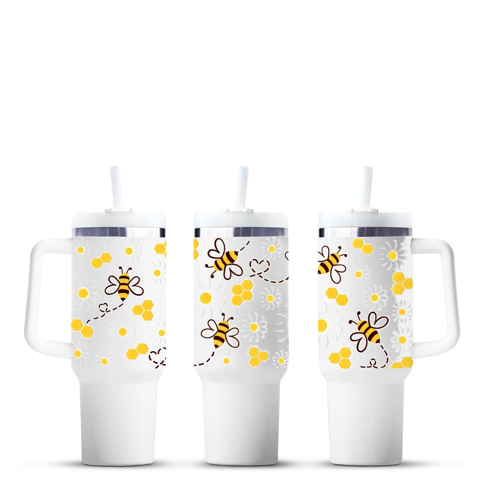 Bee and honeycomb print wrap on white handled tumblers, Master Maker Crafts, wholesale Ohio
