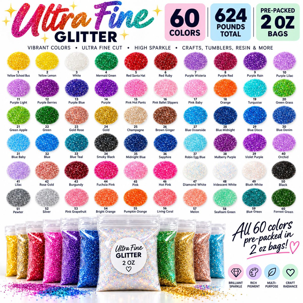 Glitter Ultra Fine (60 Colors/625 lb total) - 625/LOT