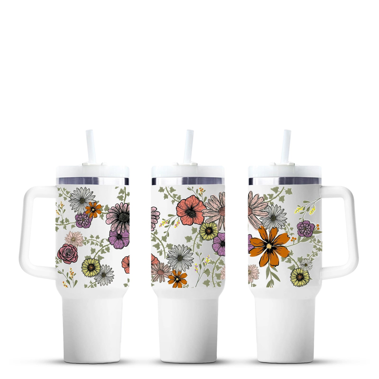 Floral travel tumblers with straws by Master Maker Crafts, wholesale craft supplies, Ohio fast shipping.