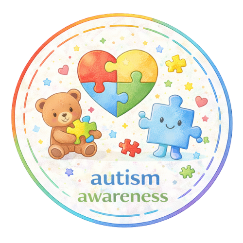 Cute bear and puzzle piece character with colorful heart and puzzle pieces, autism awareness