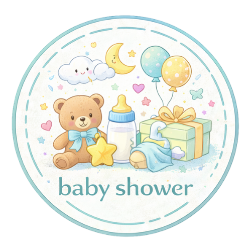 Cute baby shower sticker with teddy bear, baby bottle, gift, balloons, and pastel decorations.
