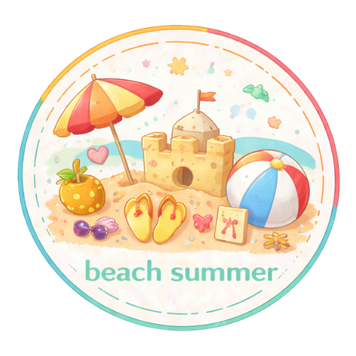 Beach summer scene with sandcastle, beach umbrella, ball, flip-flops, and sunglasses.