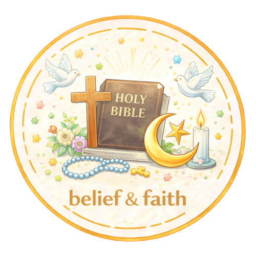 Belief and faith sticker with Bible, cross, crescent moon, candle, doves, and flowers. Wholesale craft supplies, fast US shipping.