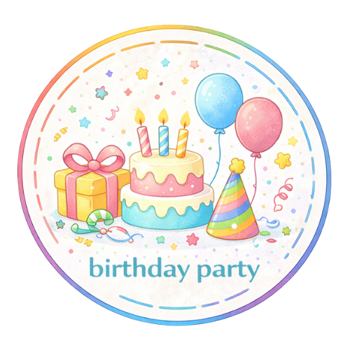 Birthday party round sign with cake, balloons, gift, and party hat, fast USA shipping crafts.