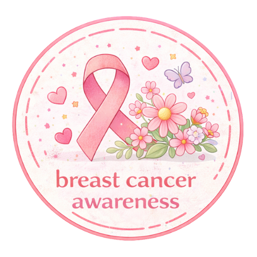 Pink ribbon with flowers, hearts, and butterflies for breast cancer awareness support.