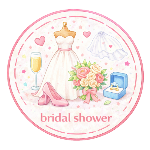 Bridal shower badge with dress, bouquet, shoes, champagne, veil, and ring for craft supplies.