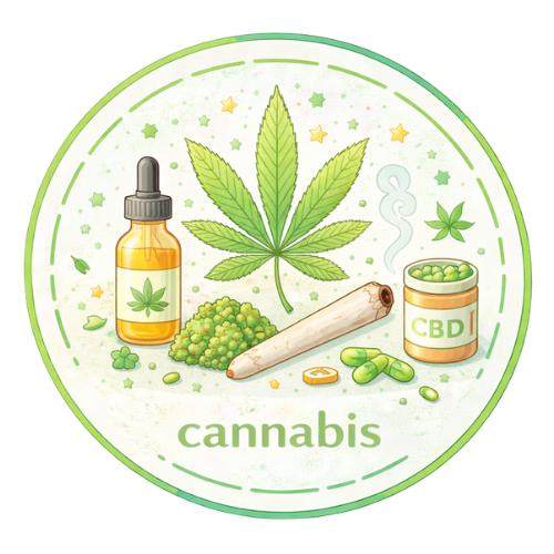 Illustration of cannabis leaf, CBD oil, rolled herbal paper, and hemp craft supplies.