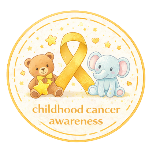 Yellow ribbon, teddy bear, and elephant symbolizing childhood cancer awareness, fast shipping USA.