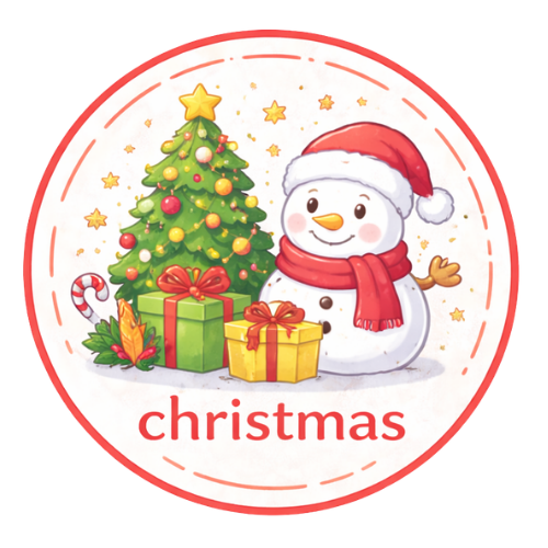 Christmas craft sticker with snowman, decorated tree, gifts, candy cane, festive design