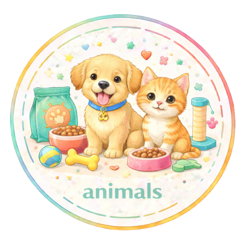Cute cartoon dog and cat with pet food, toys, and supplies; animals crafts design.