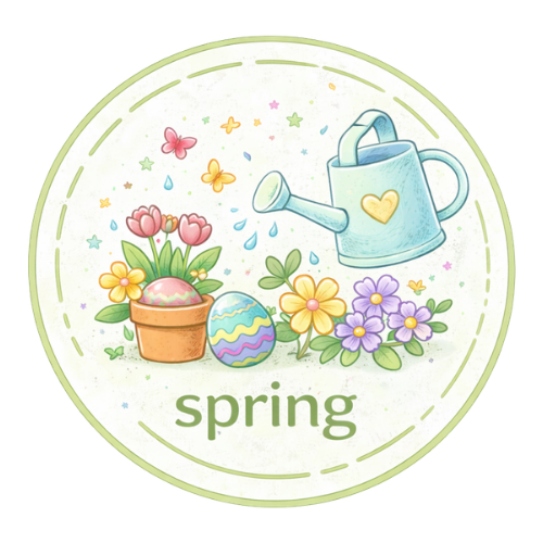 Spring craft supplies illustration with flowers, Easter eggs, butterflies, and a watering can.
