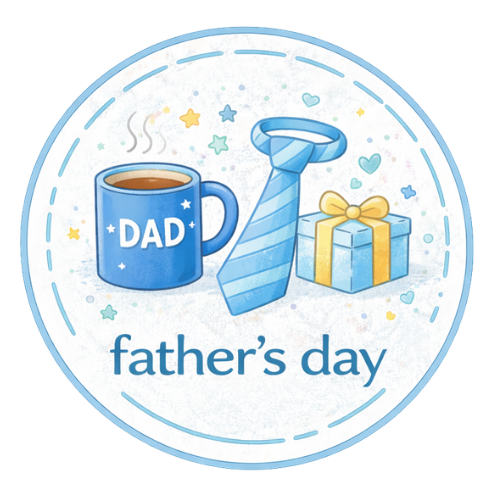 Father’s Day craft supplies graphic with coffee mug, necktie, and gift box illustration.