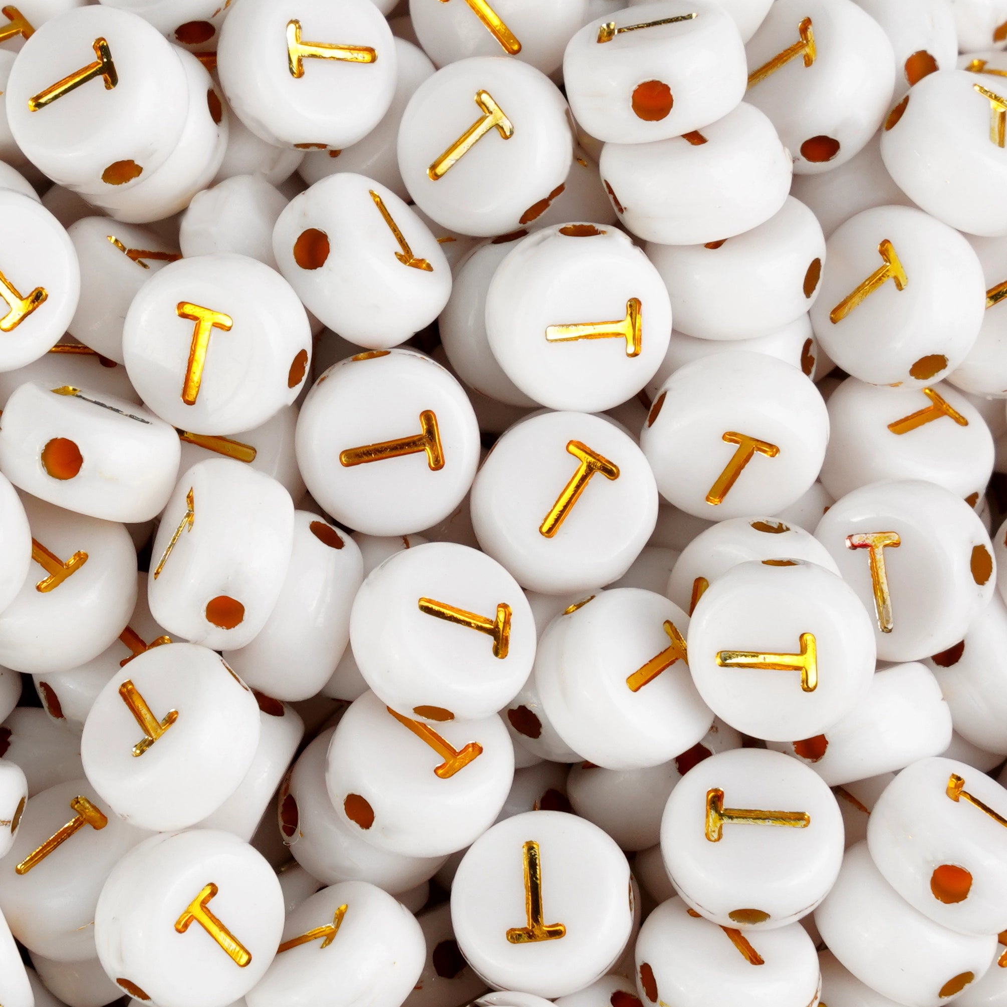 White round beads with gold letter T, Master Maker Crafts wholesale craft supplies Ohio DIY Craft Warehouse