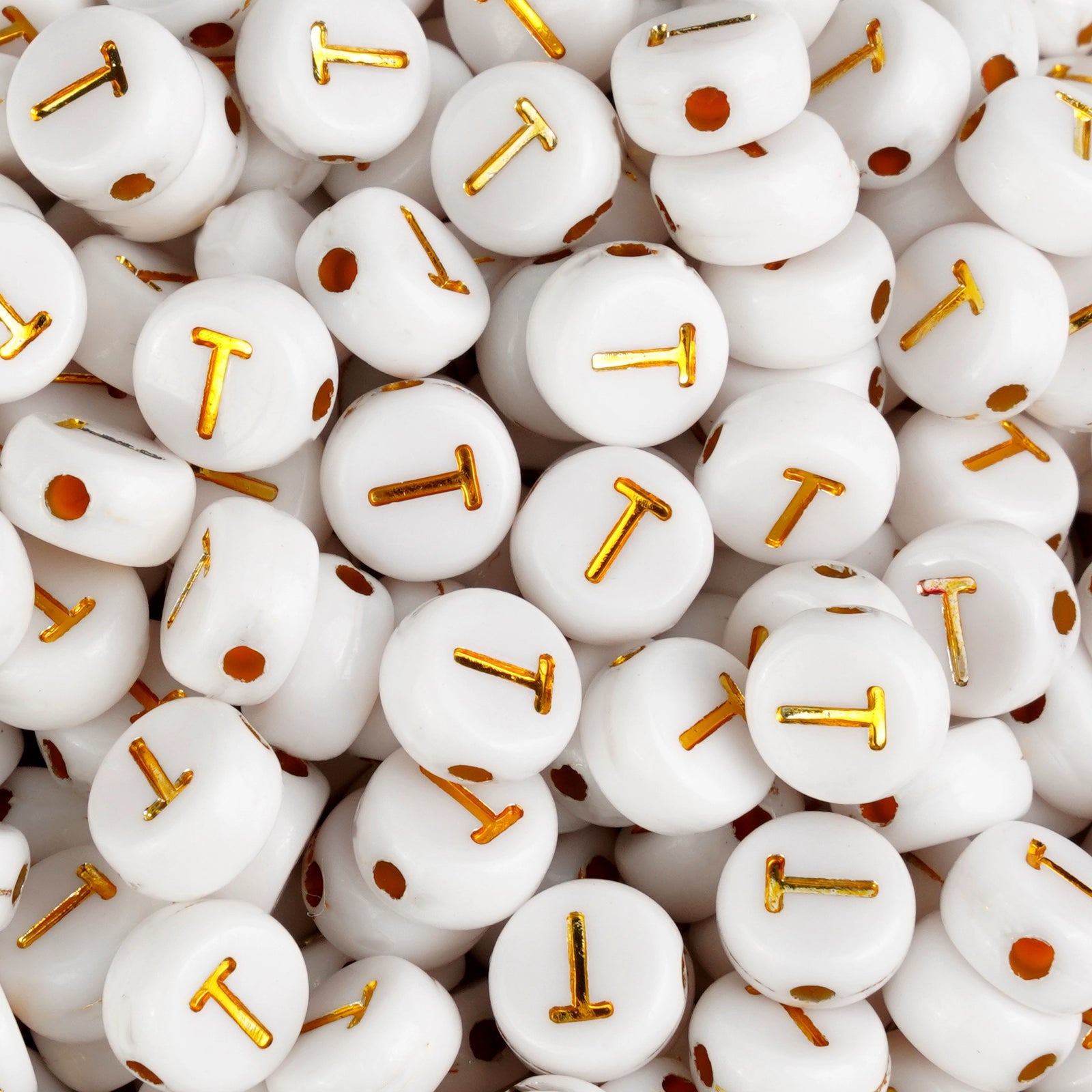 White round beads with gold letter T, Master Maker Crafts wholesale craft supplies Ohio