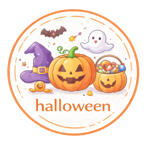 Halloween pumpkins, witch hat, candy basket, ghost, and bat illustration for craft supplies