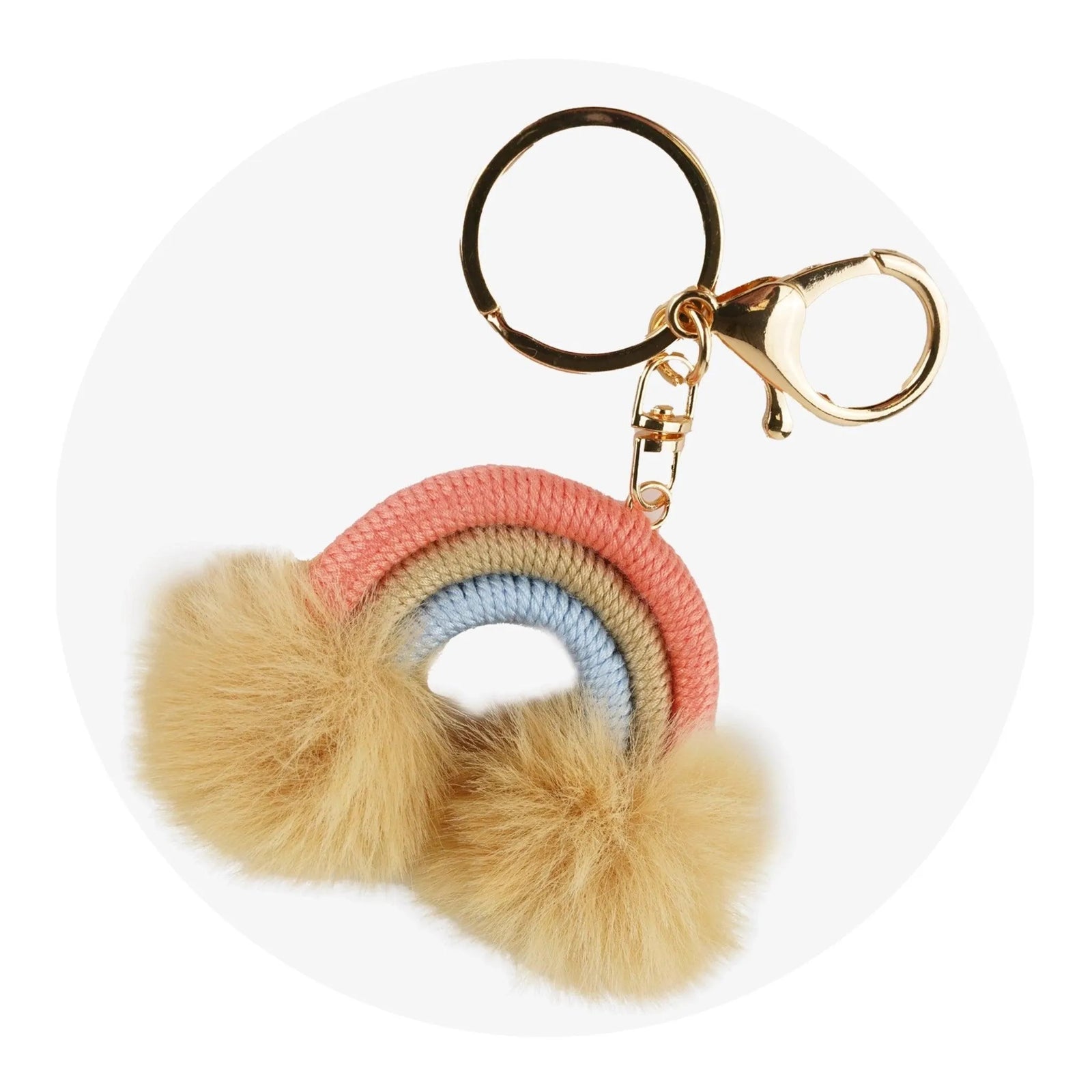 Keychain Woven Rainbow Pom with Lobster Claw - Peach & Gold - DIY Craft Warehouse