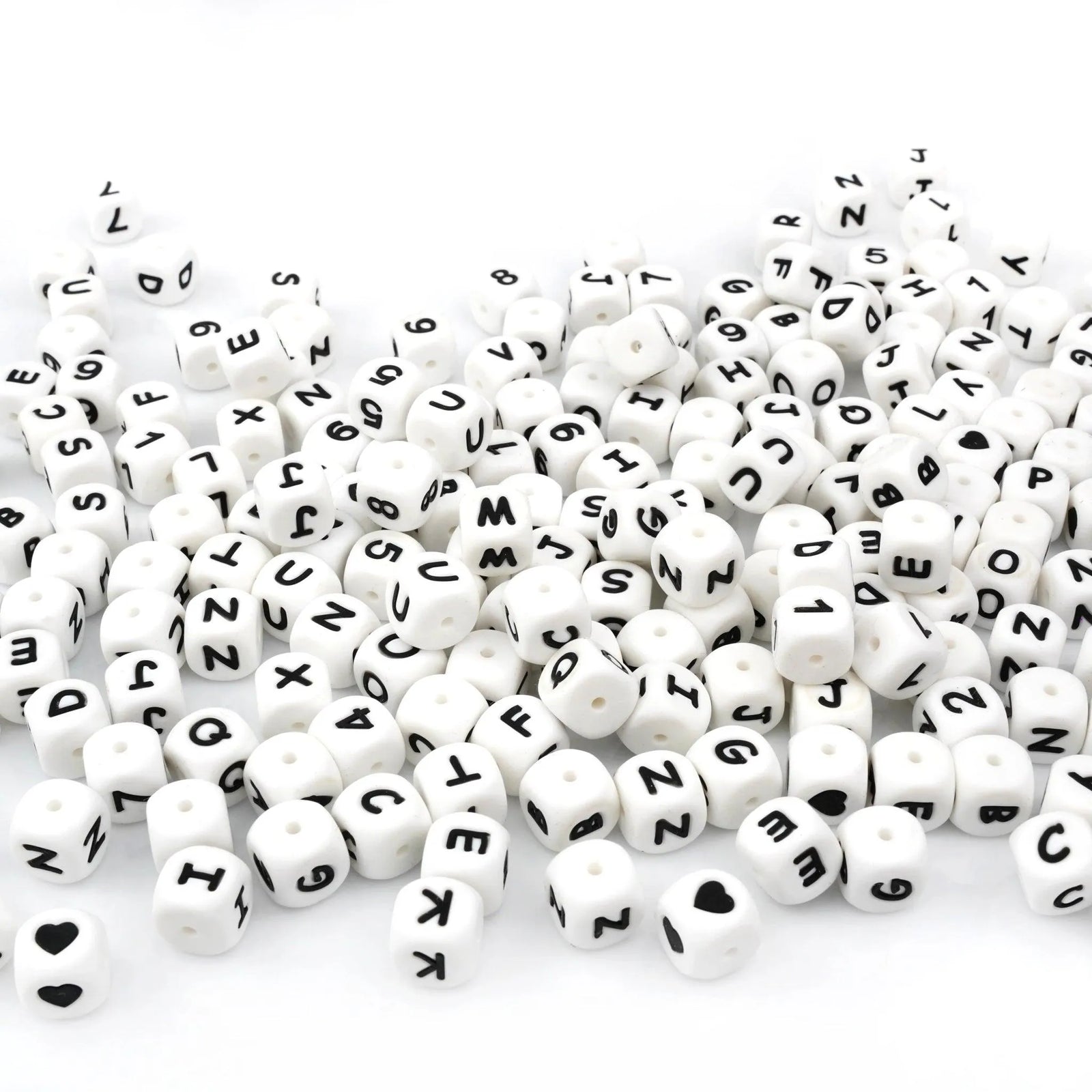 Letter & Number Square Silicone String Beads - White & Black (12mm - 25/bag) - DIY Craft Warehouse