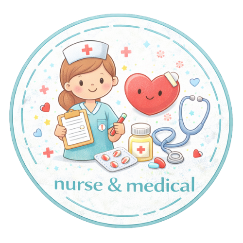 Cute nurse cartoon with clipboard, medical supplies, stethoscope, and smiling heart.
