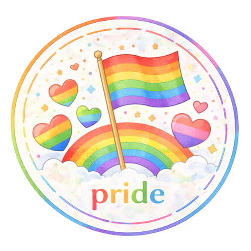 Rainbow pride flag, hearts, and rainbow with 'pride' text, wholesale craft supplies graphic.