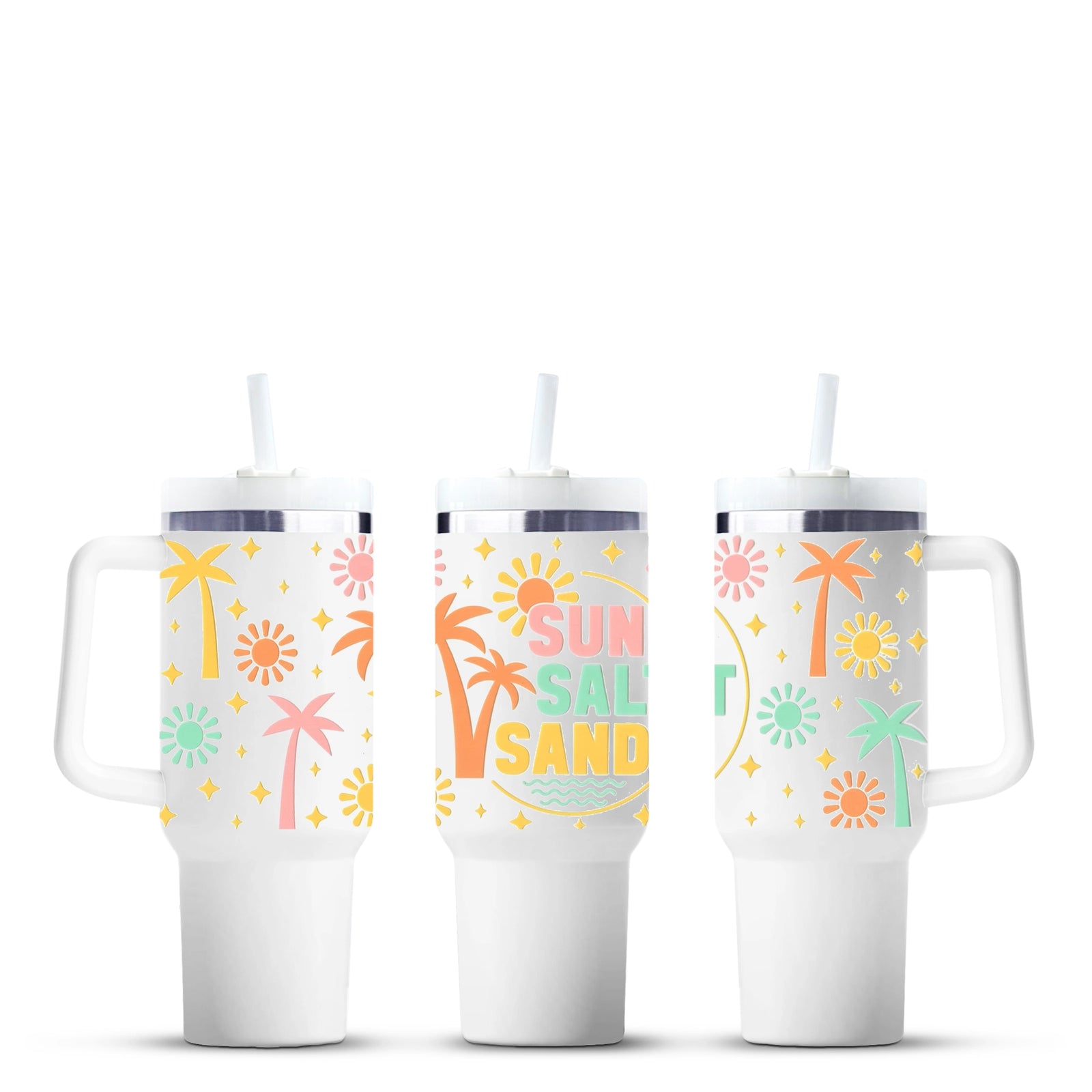 Master Maker Crafts wholesale tumbler with pastel palm trees and 'Sun Salt Sand' design, fast shipping Ohio