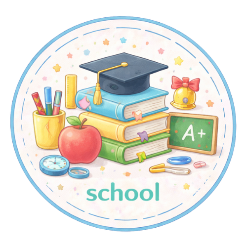School craft supplies illustration with books, apple, graduation cap, and art tools.