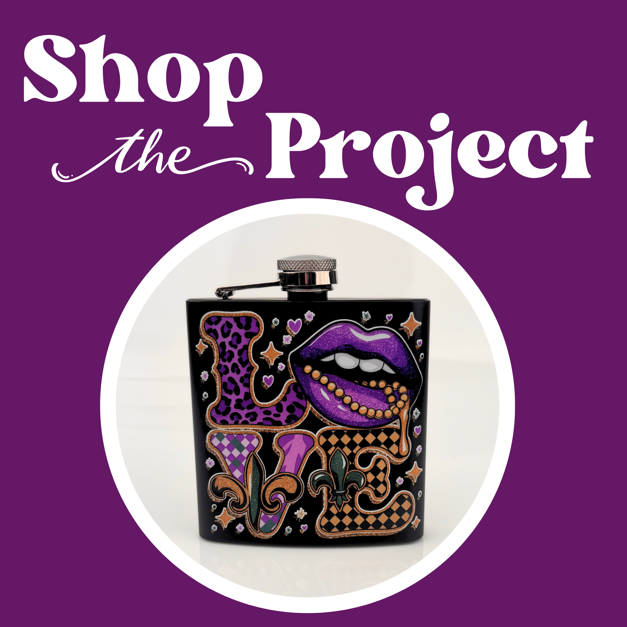 Decorative flask with artistic design on a purple background with 'Shop the Project' text.