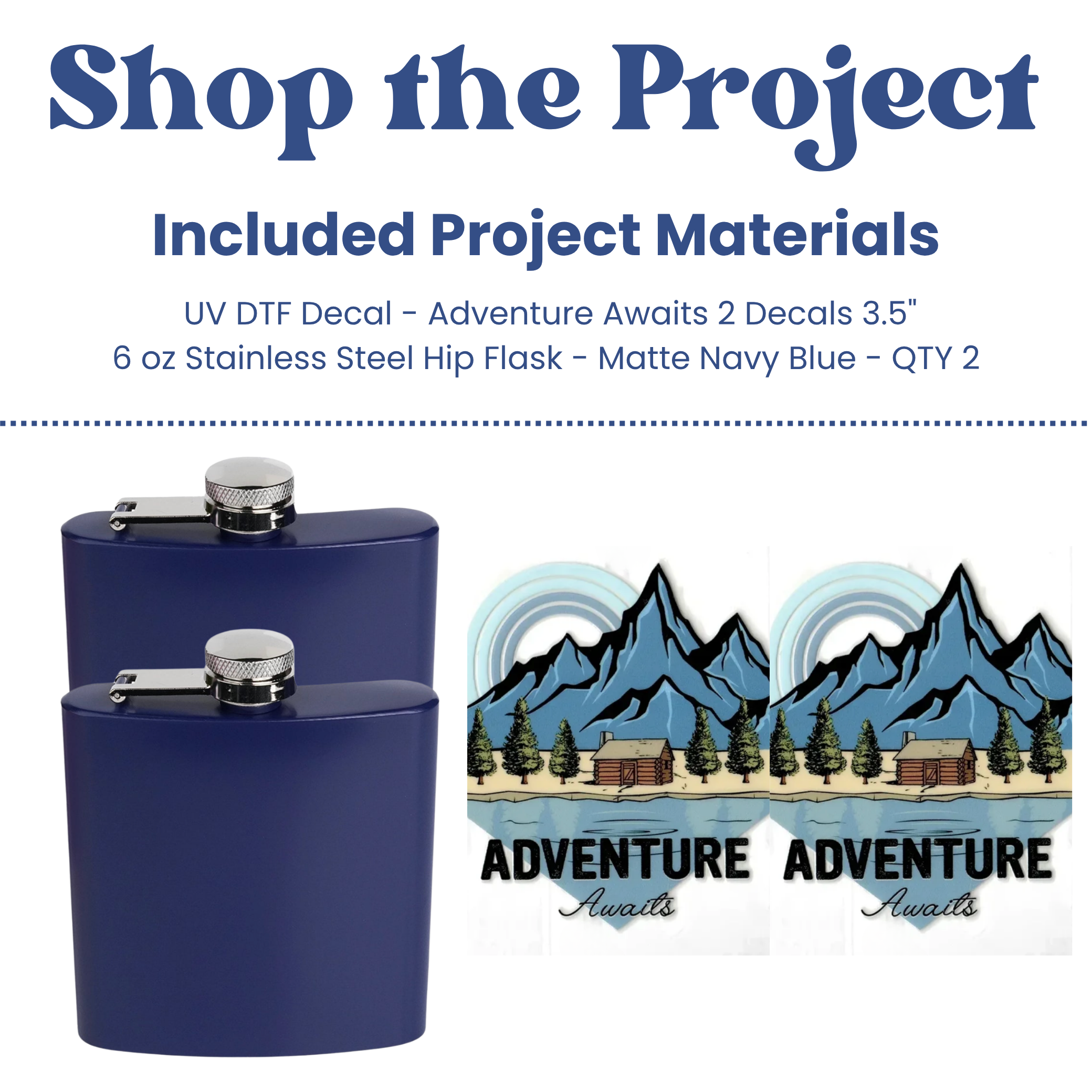 Image of Adventure Awaits Navy Hip Flask Kit (Makes 2) sold at Master Maker Crafts. Wholesale prices and fast shipping.