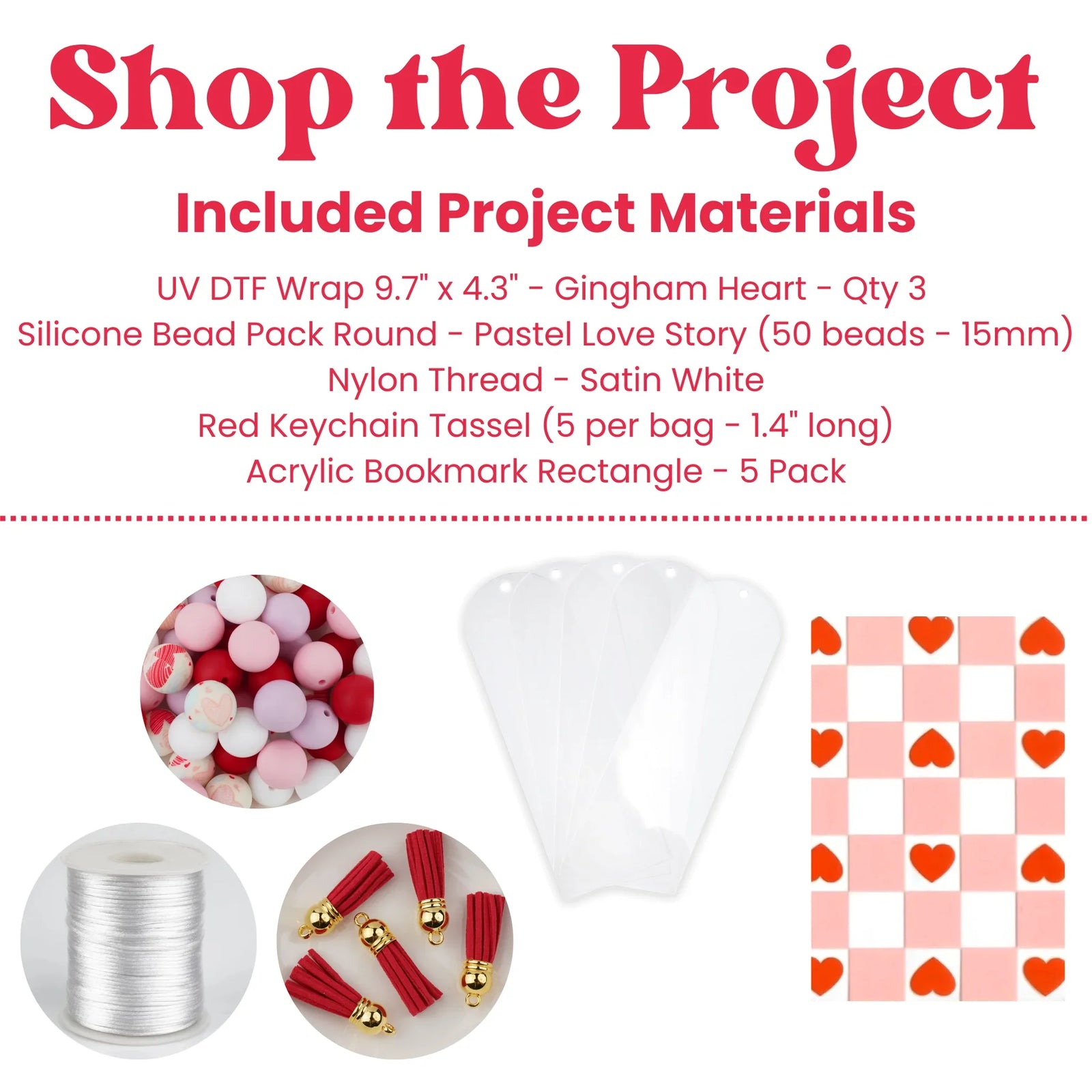 Included project materials for a craft project with various items displayed.