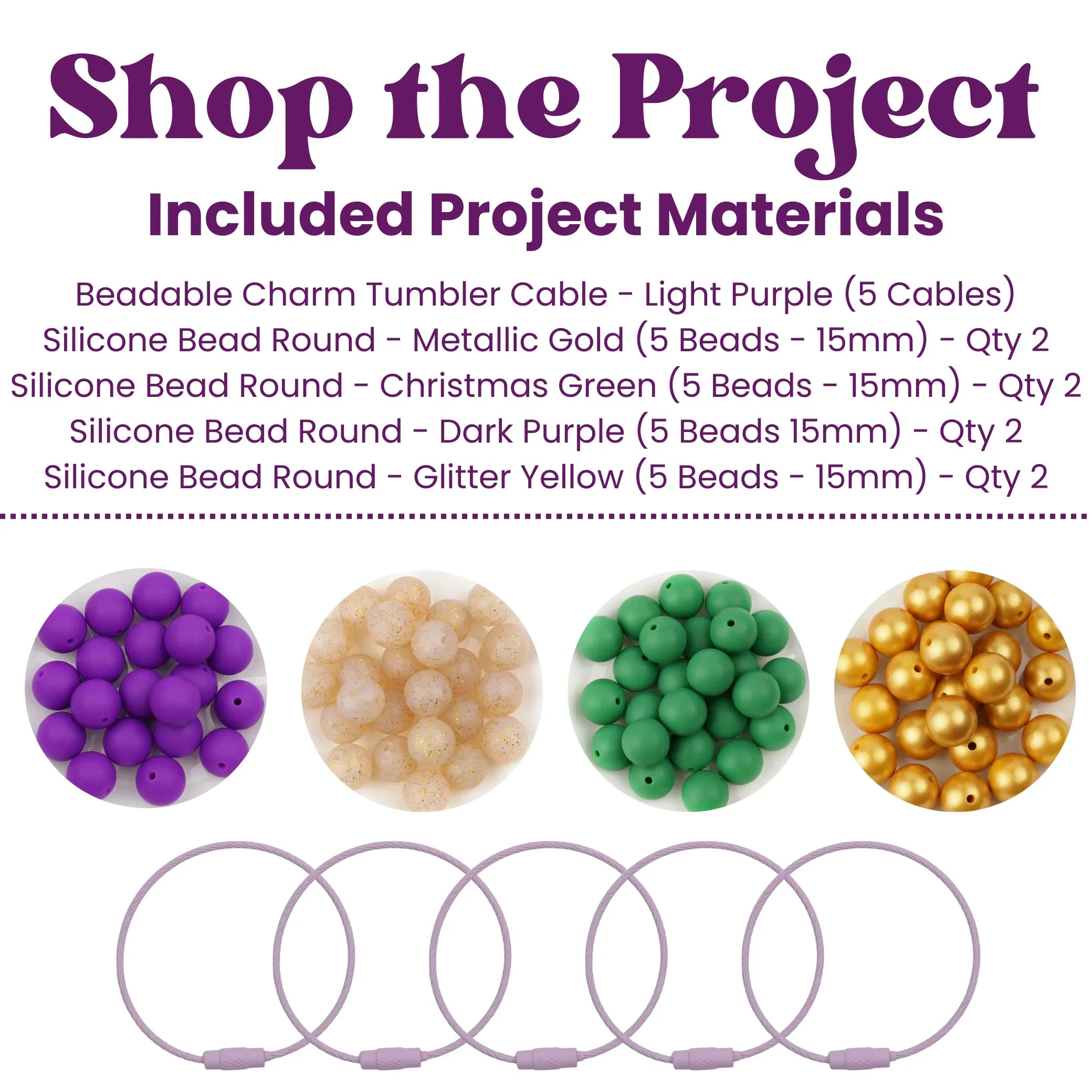 Project materials list with beads and cables on a white background