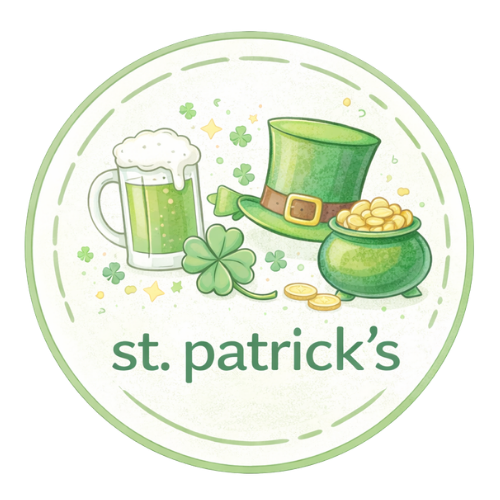St. Patrick's Day clipart with green beer, leprechaun hat, shamrocks, and gold coins. Wholesale craft supplies, fast USA shipping.