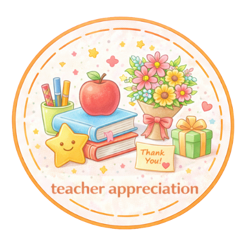 Teacher appreciation badge with flowers, books, apple, gift, and thank you note, wholesale craft supplies USA fast shipping.