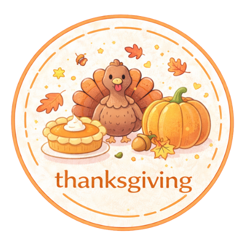 Thanksgiving turkey, pumpkin, pie, acorns, and autumn leaves in a festive circle badge.
