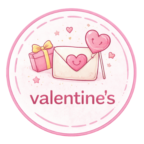 Valentine's badge with pink gift box, heart envelope, and heart lollipop, fast USA shipping.